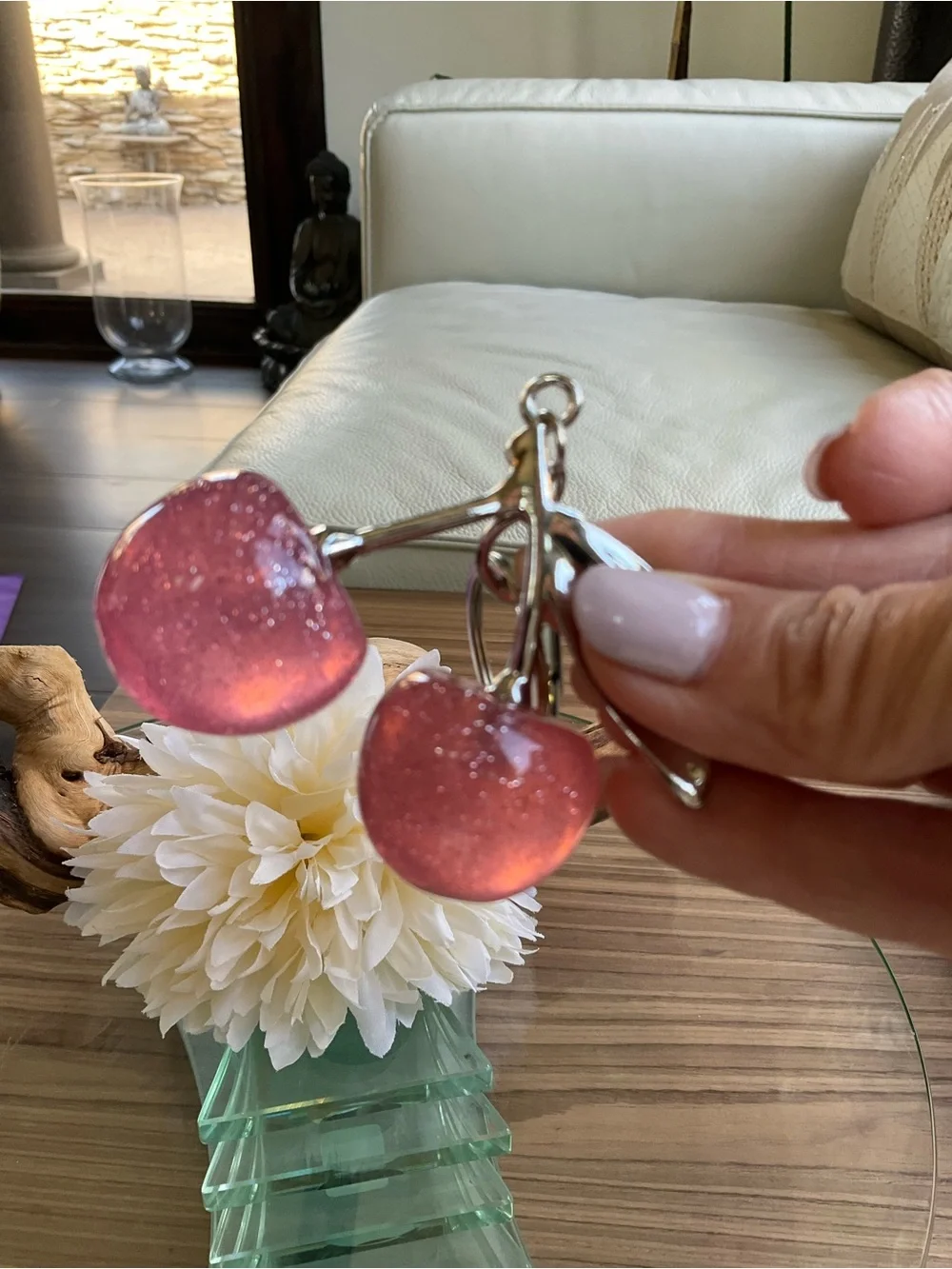 Pink Glitter Cherry Keychain Charm with Silver Hardware